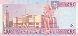 LTL литовский лит 20 литовских лит - оборотная сторона