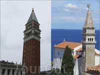 Пиран называют Венецией в миниатюре. Действительно много схожего. Например: справа - колокольня Собора Святого Георгия в Пиране, а слева колокольня церкви ...