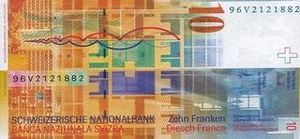 CHF швейцарский франк 10 швейцарских франков - оборотная сторона
