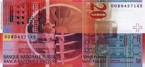 CHF швейцарский франк 20 швейцарских франков - оборотная сторона