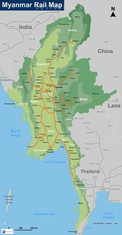 Карта Мьянмы с железными дорогами