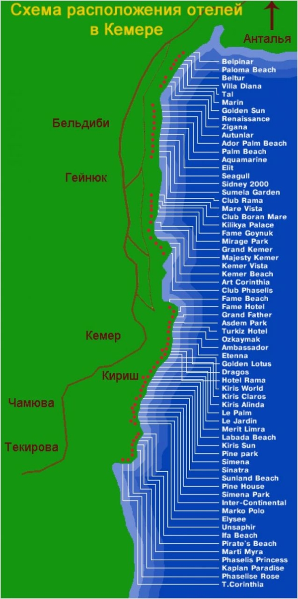 Карта отелей Кемера. Карта отелей Кемера на английском языке