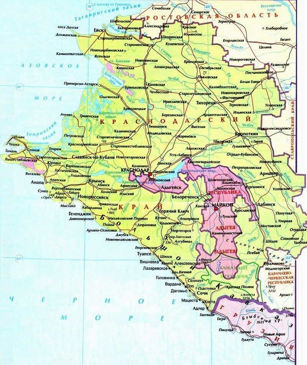 Карта Краснодарского края. Карта населенных пунктов Краснодарского края