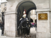 Королевский гвардеец при полном параде. На табличке написано: "Будьте осторожны! Лошадь может укусить или ударить. Спасибо".