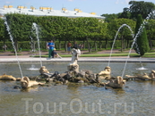 Круглый бассейн фонтана «Дубовый» расположен на центральной оси Верхнего сада, к югу от Квадратных прудов.