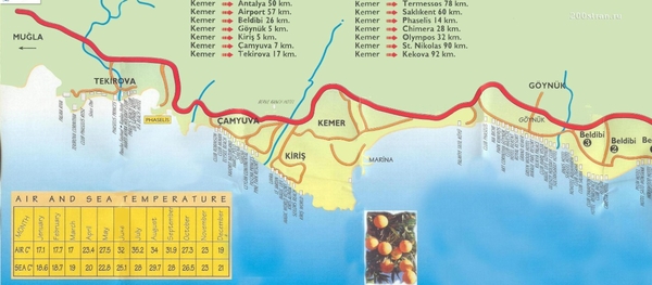 Карта побережья Кемера. Подробная карта побережья Кемера